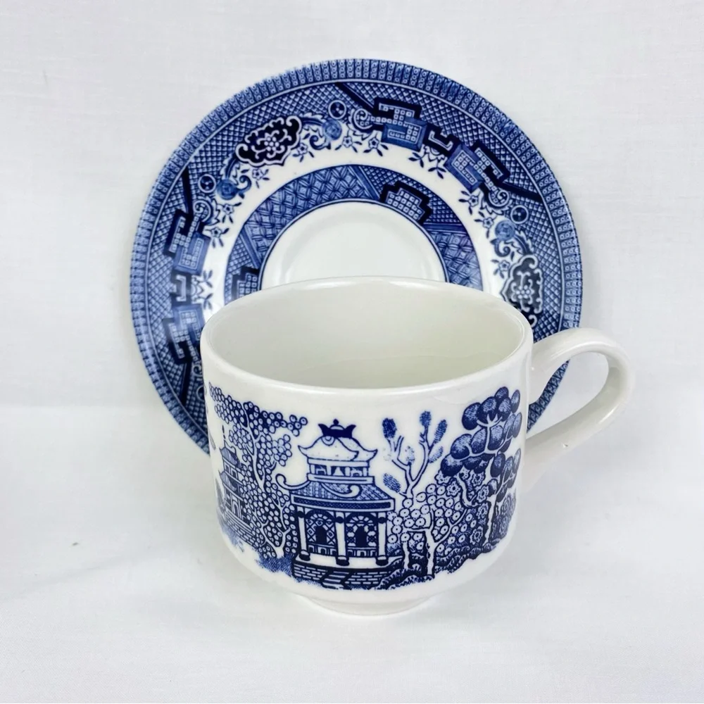 Vintage Churchill Blue Willow Teacup & Saucer Set of 2 England